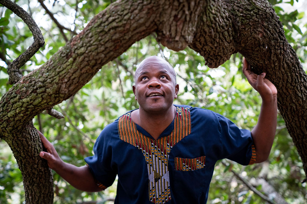 man in a blue shirt in a tree